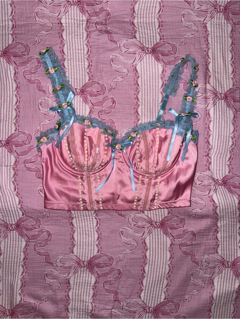 Sugar Thrillz Pink Satin Bustier with Blue Lace Trim